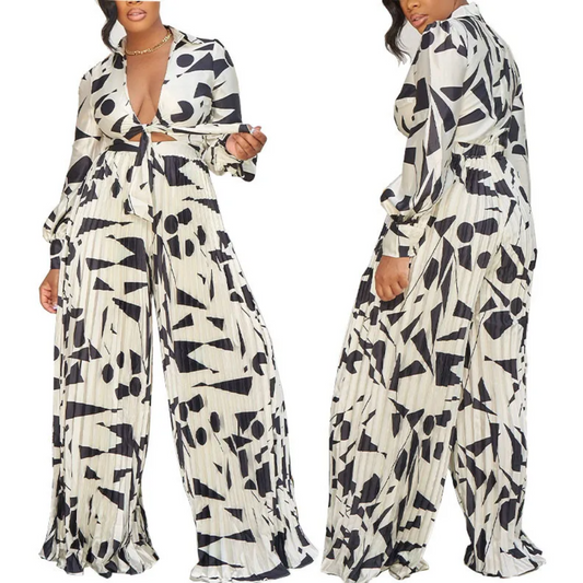 Printed Long Sleeve V Neck Tie Loose Wide Leg Jumpsuit