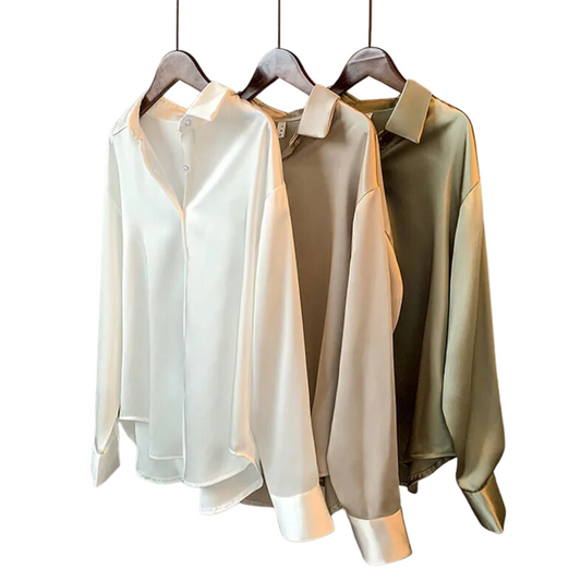 Vintage Satin Long Sleeve Solid Color Loose Lapel Blouse