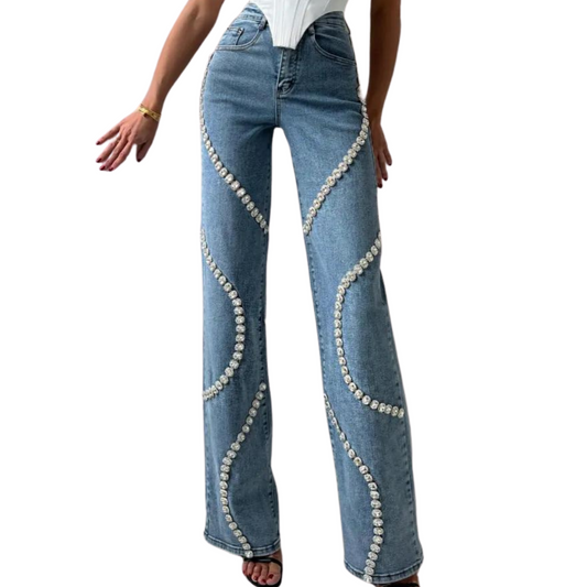 Rhinestone High Waist Straight Jeans