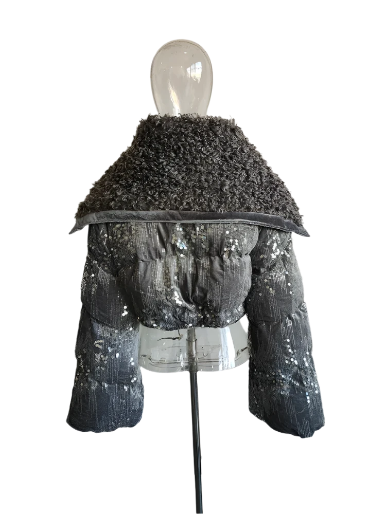 Tweed Sequined Collar Puffer Jacket