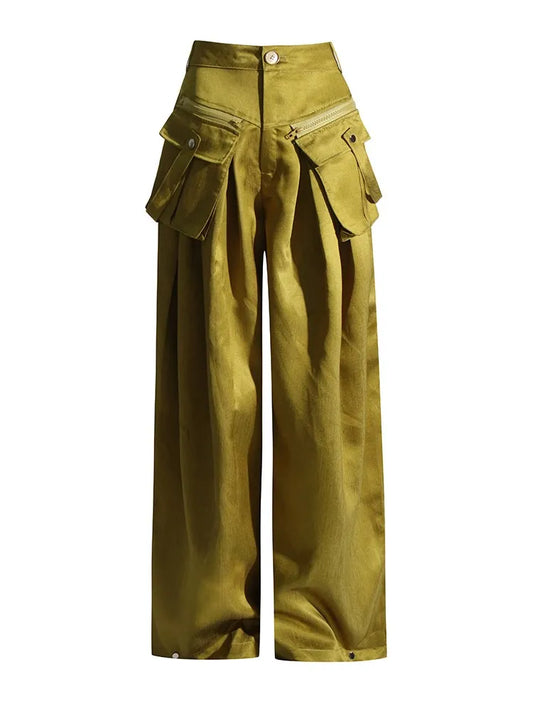 Satin Wide Leg Trousers with Detachable Pockets