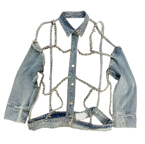 Backless Denim Jacket with Metal Chains