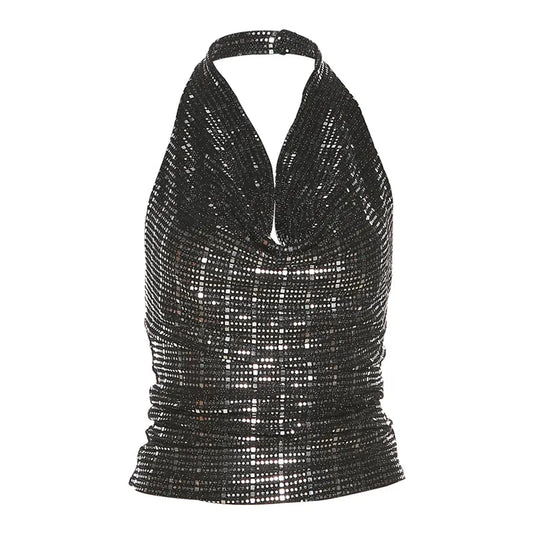 Sequined Halter Neck Backless Sleeveless Crop Top