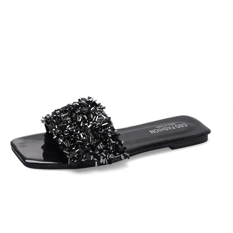 Rhinestone Square Toe Flat Sandals