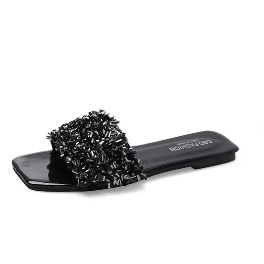 Rhinestone Square Toe Flat Sandals