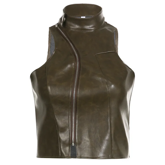 Green Mockneck Leather Top With Zipper