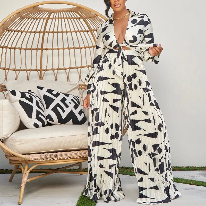 Printed Long Sleeve V Neck Tie Loose Wide Leg Jumpsuit