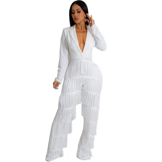 V-Neck Solid Color Fringed Jumpsuit