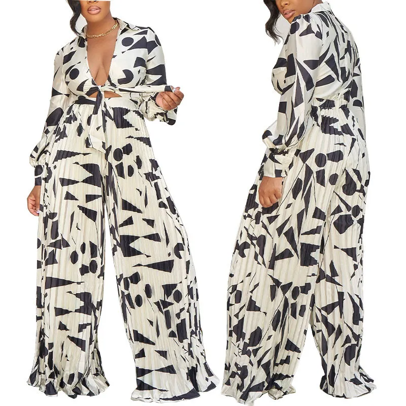 Printed Long Sleeve V Neck Tie Loose Wide Leg Jumpsuit