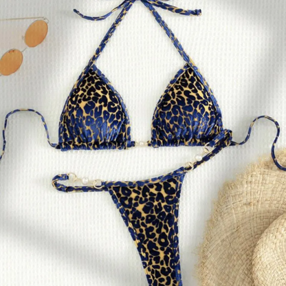 Leopard Halter Neck Strap Bikini Swimsuit Set