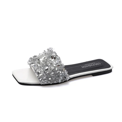 Rhinestone Square Toe Flat Sandals