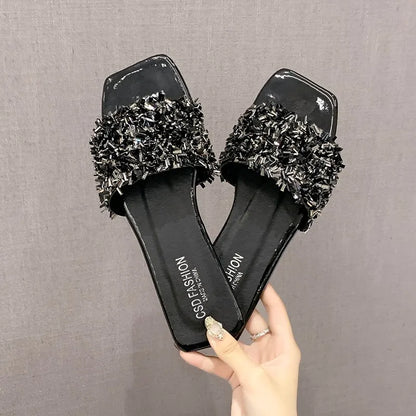 Rhinestone Square Toe Flat Sandals