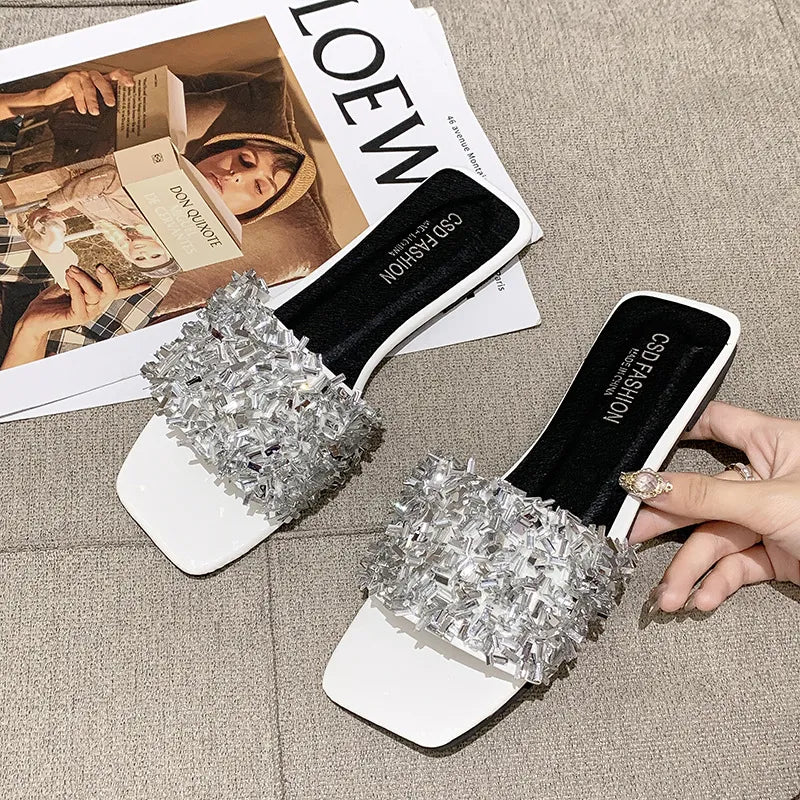 Rhinestone Square Toe Flat Sandals