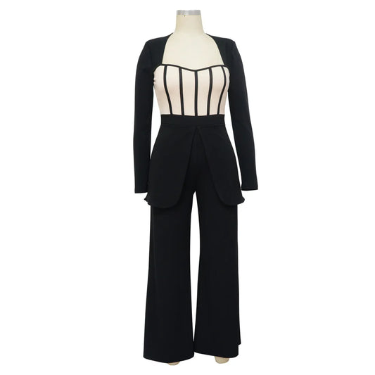 Contrast Stitching Long Sleeve Wide Leg Jumpsuit