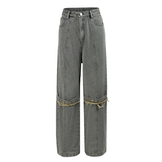 Vintage Washed Tassel Button Detail Straight Leg Jeans