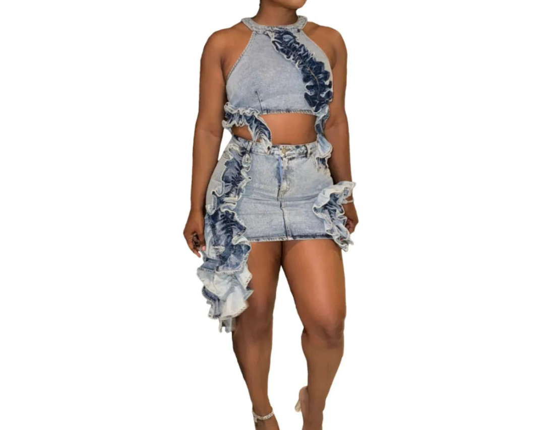 Lettuce Trim Denim Skirt Set